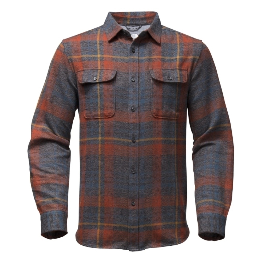 The North Face flannel plaid cabin core warm button down rust red blue Large G2